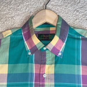 Alexander Julian Teal, Purple, Yellow & Pink Plaid Button-Down Shirt size M PTP2